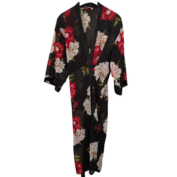 Women's Black Red Floral Robe Made in Korea XXL Belt Red Button Close Sheer Long - Picture 1 of 10